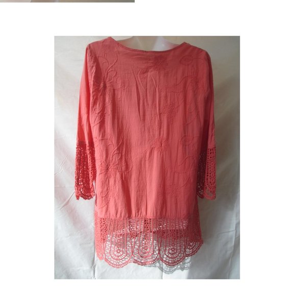 Tunic Top Blouse Size L LARGE XCVI Coral Gauzy Cotton Crochet Hem Embroidered - Picture 6 of 8